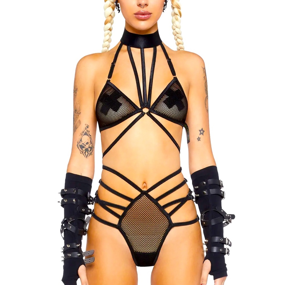 ⭐️ NWOT Clubexx Black Mesh Fishnet Lingerie Set Size XXL